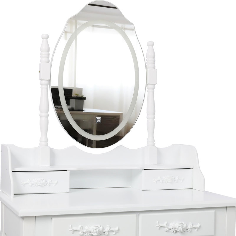 Coiffeuse avec miroir, tabouret rembourré, 4 tiroirs, éclairage DEL, grand espace de rangement, tabouret confortable, structure stable, montage facile, rangement généreux pour le maquillage, coussin, installation facile