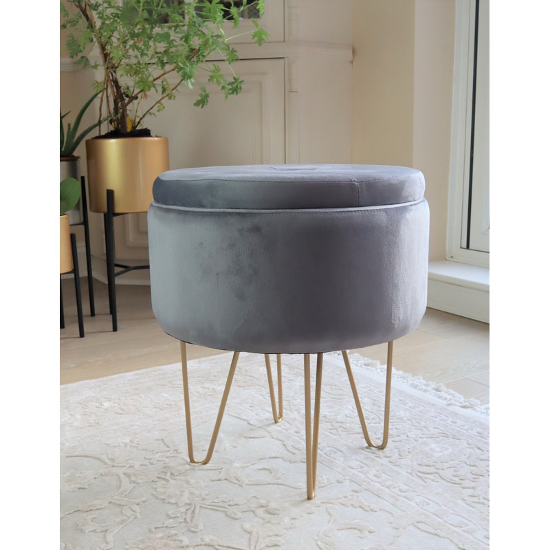 Columbia 41cm Wide Round Solid Colour Pouffe Ottoman with Storage, Grey, Black