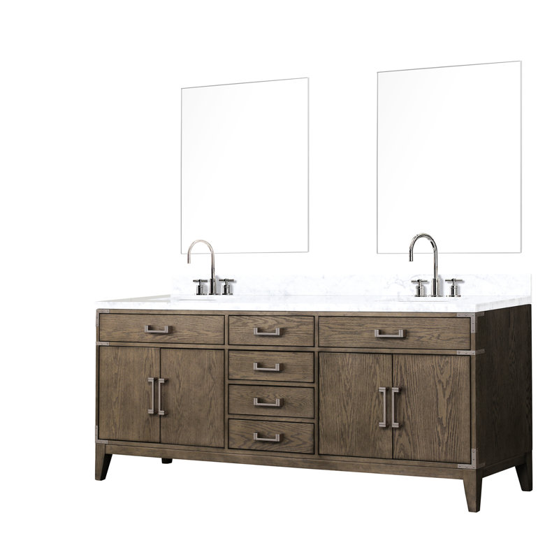 Meuble-lavabo double en chêne gris 80 po X P 22 po, plateau en marbre, robinet inclus, largeur de 36 miroirs