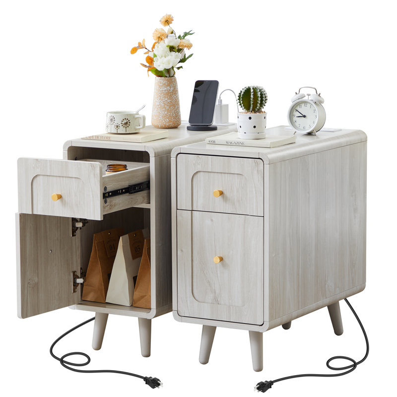 Narrow End Table With Charging Station, White