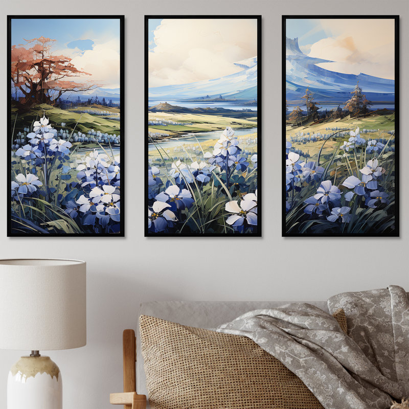 «Blue Bonnets Charm In Mountain Scenery» - ensemble d'art mural sur toile Blue Bonnets, Cadre flottant noir