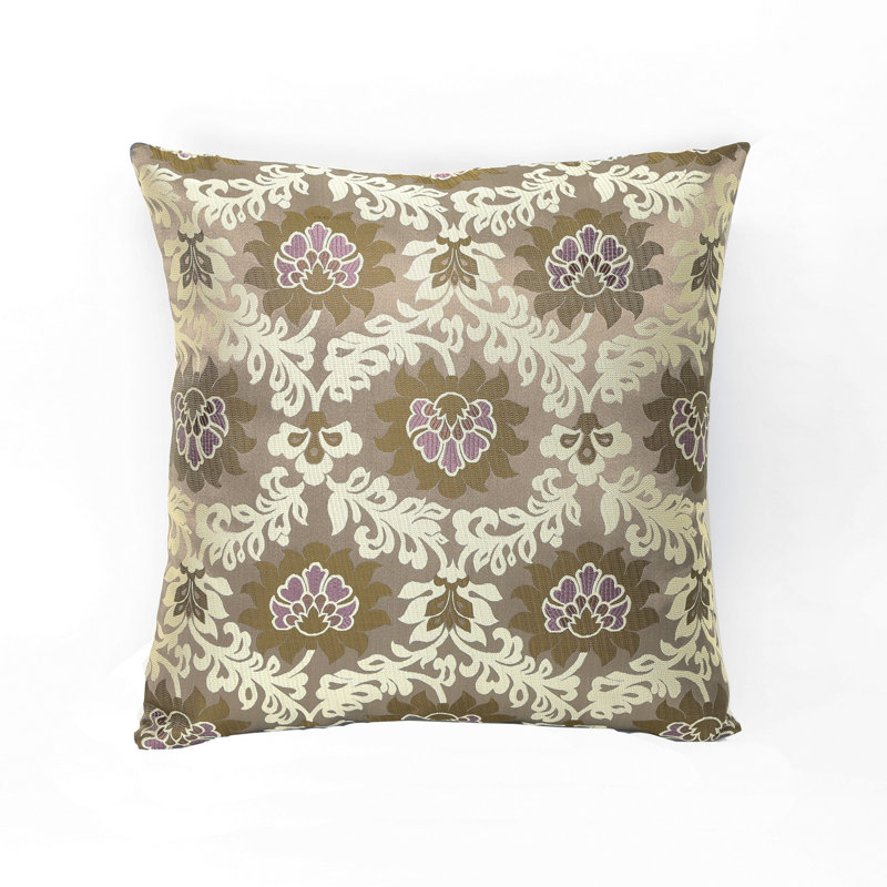 Coussin Brocade, brun, motif floral beige