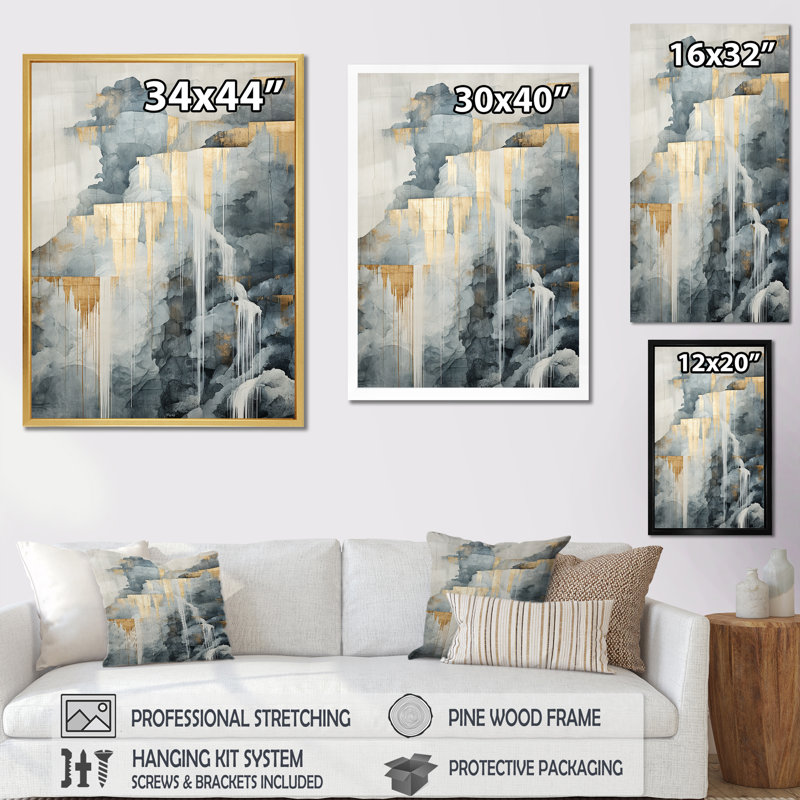Or et gris cascade aventure sur toile, Cadre naturel flottant, H 20 po x l 12 po x P 1 po