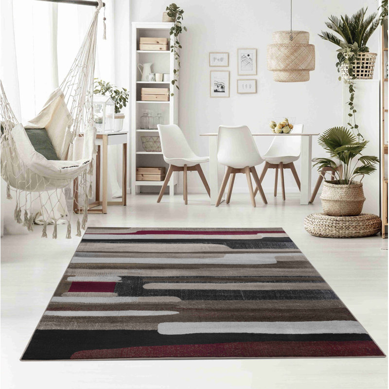 Tapis à motif abstrait brun / rouge 7 pi x 10 pi (6 pi 7 po x 9 pi 6 po) Branch Branch Zaman, tapis contemporain, à poils courts et résistant aux taches - salon, chambre à coucher, salle à manger et cuisine