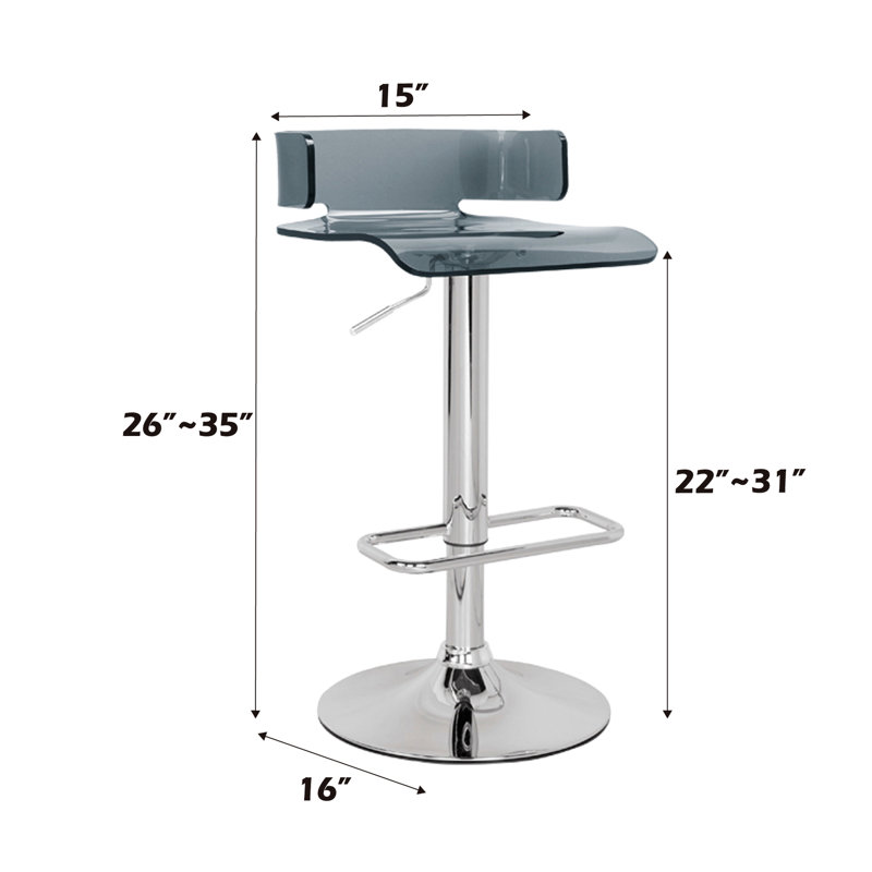 Tabouret réglable en hauteur de 9 po - gris et acrylique, assise en acrylique avec base en métal