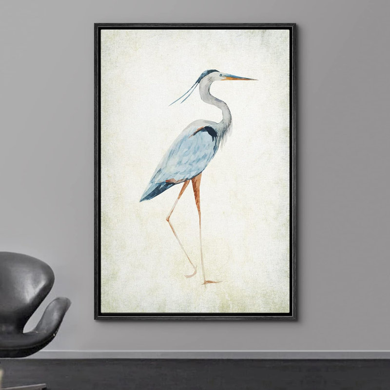 Heron sur toile tendue avec oiseaux sauvages, Cadre flottant noir, H 24 po x l 16 po x P 1,5 po