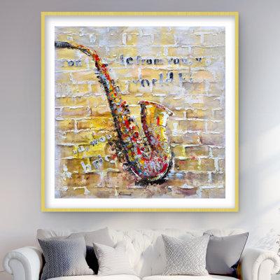 Saxophone sur mur de briques - reproduction encadrée mate pour la décoration intérieure