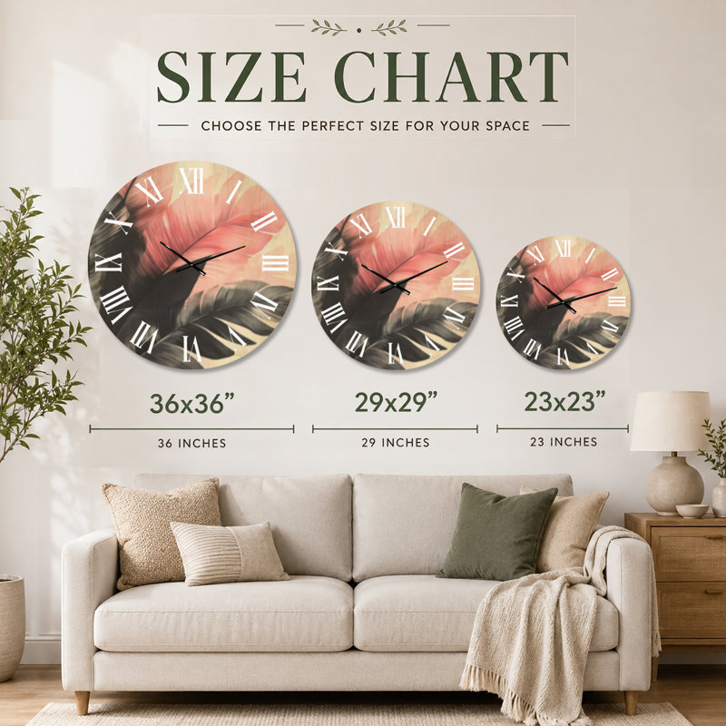 Horloge murale glamour à motif de frondes tropicales roses, imprimée sur bois, Médium