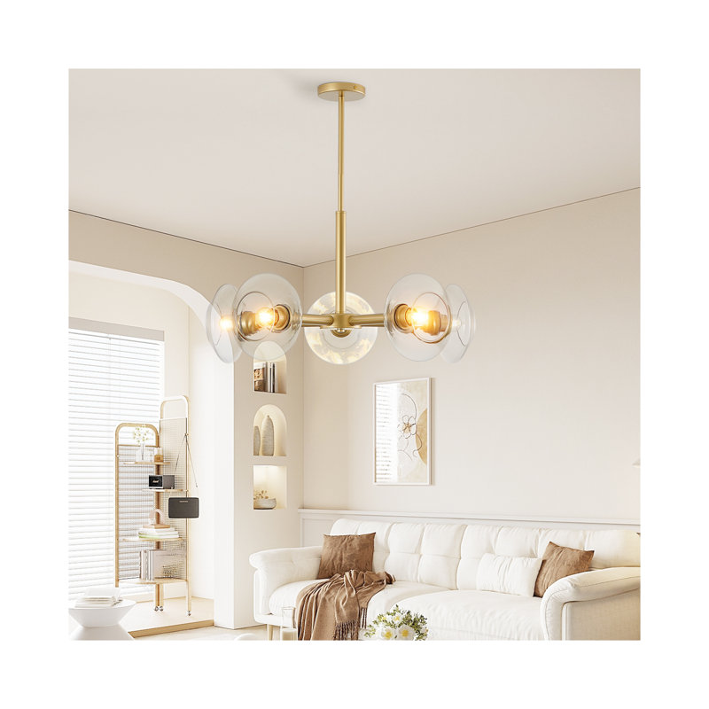 Lustre spoutnik moderne doré avec abat-jour en verre transparent, H 31,50 po x l 26,40 po x P 26,40 po, 5, 100 V
