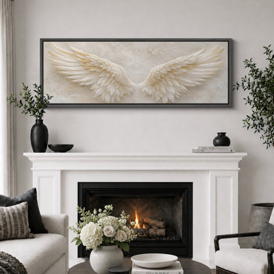 Cream Angel Wings Spiritual Artwork, Bedroom Pictures, Framed Canvas Giclee Print 3 Pieces Wall Art