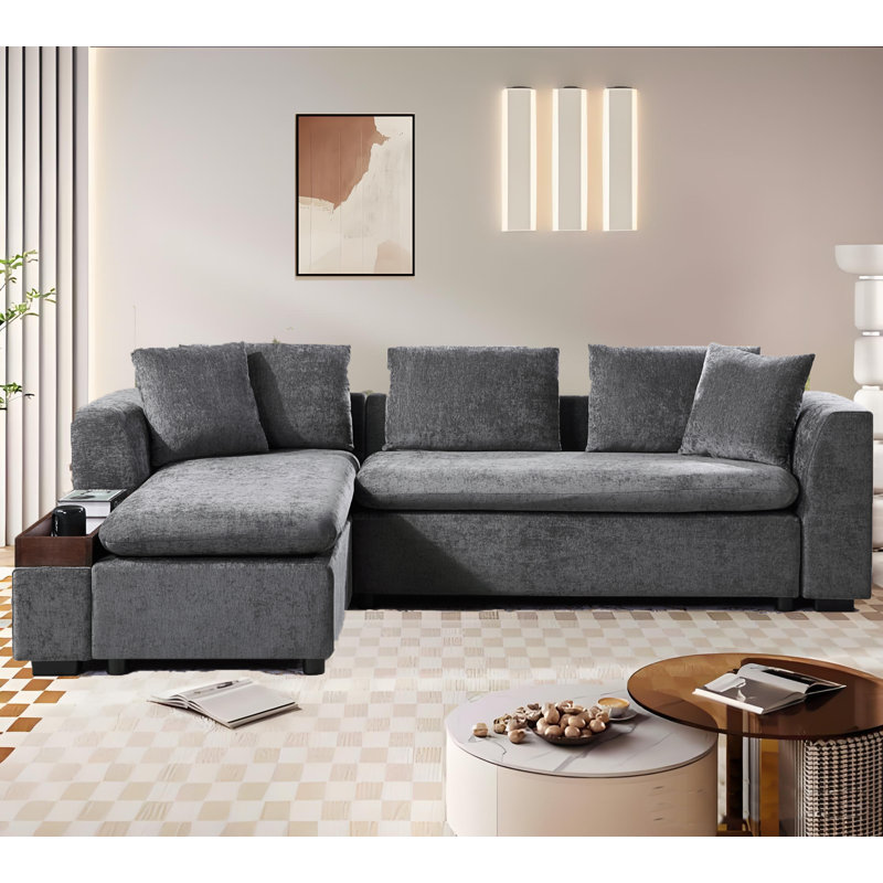 Canapé rembourré en L avec compartiment de rangement en bois et coussins décoratifs, Gris chenille