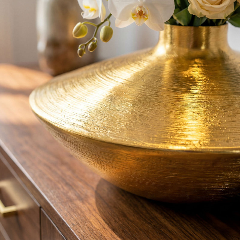 Silver Aluminium Table Vase, Flat Round Bottle-Neck Decorative Vase, Gold