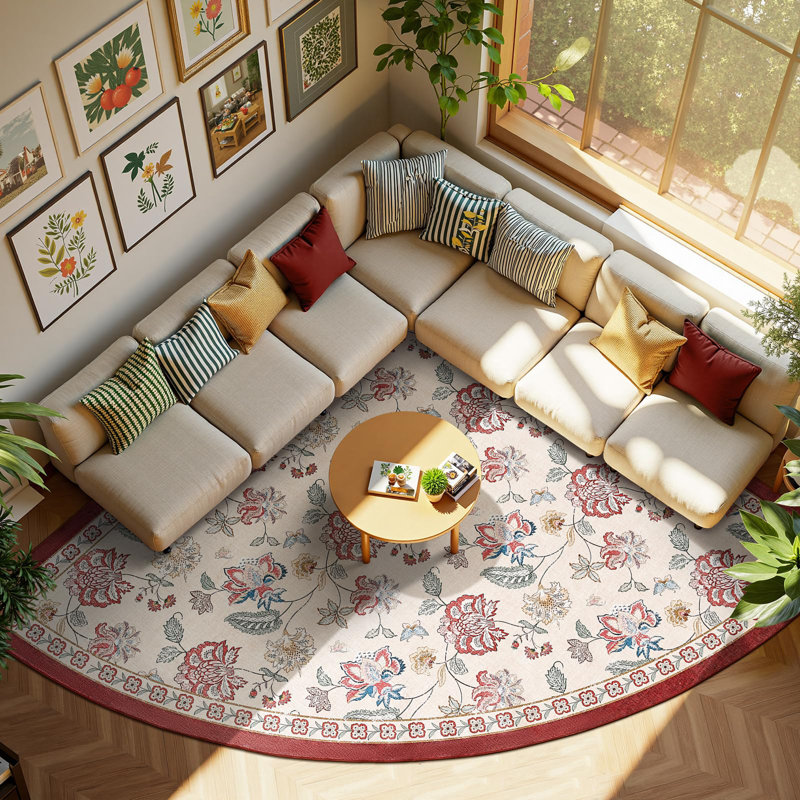 Chinoiserie Floral Rug Vintage Romance Design Washable Non-slip Red/Beige, Slice/Wedge 7', Red/Beige