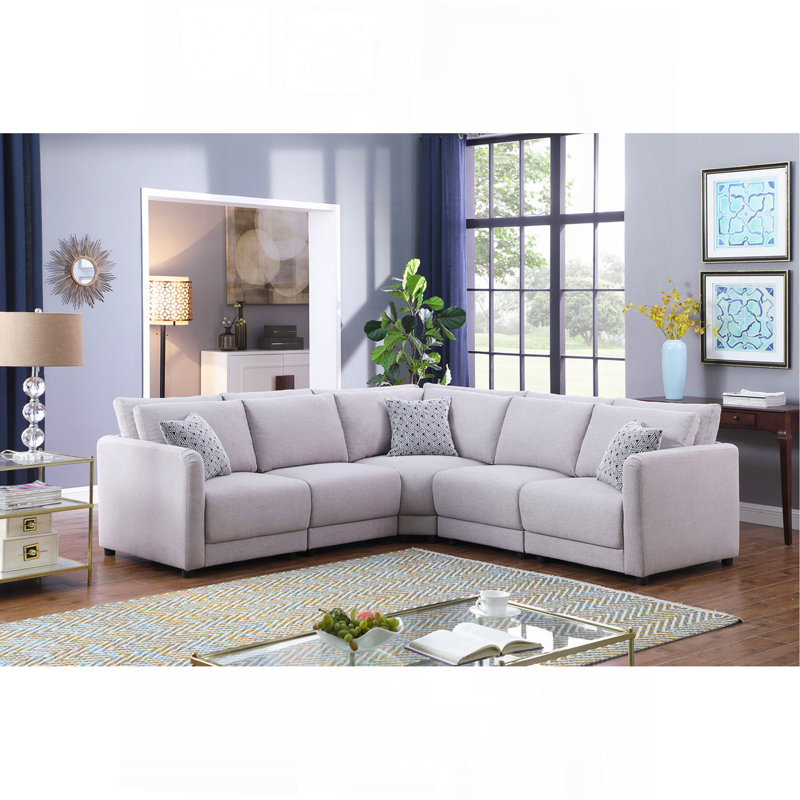Canapé modulaire réversible en tissu de lin gris clair avec coussins