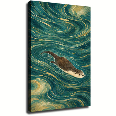 Otter Swimming Green Waves Japanese Woodblock Canvas Wall Art