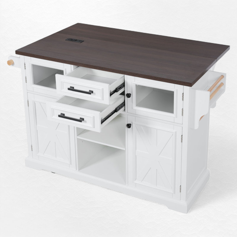 Kitchen Island With Drop Leaf, Power Outlet, 4 Door Shelves, Cross Barn Doors & Visual Glass Door, 2 Drawers, Towel Rack, Spice Rack And Adjustable Shelves