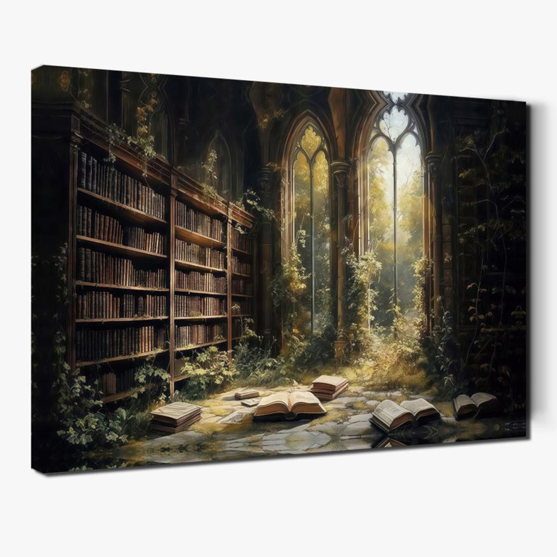 Bibliothèque abandonnée avec livres et affiches gothiques, 28x40inch