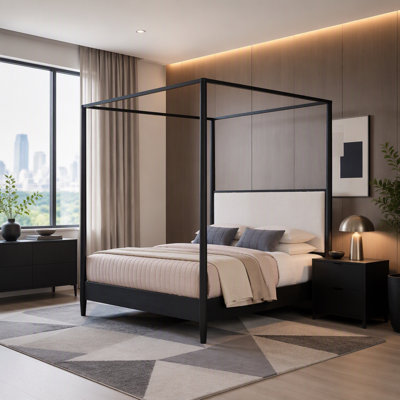 Solid Wood Canopy Bed Frame with Boucle Upholstered Headboard, 4-Poster Platform Bed with Tapered Legs