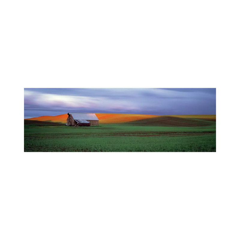 Barn In A Field At Sunset, Palouse, Whitman County, Washington State, USA - Wrapped Canvas Panoramic Print