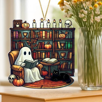Figurine d'Halloween en acrylique, décorations d'Halloween mignonne attrape-soleil, cadeau de fantôme mignon pour les amateurs de livres, décor d'automne gothique pour fenêtre, pour les femmes (bibliothèque Spooky)