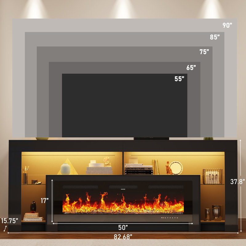 Aitan 83" Fireplace TV Stand For 85/90''TV With 50'' Fireplace And LED Lights, 38"H x 83"L x 16"D, Black, With Fireplace