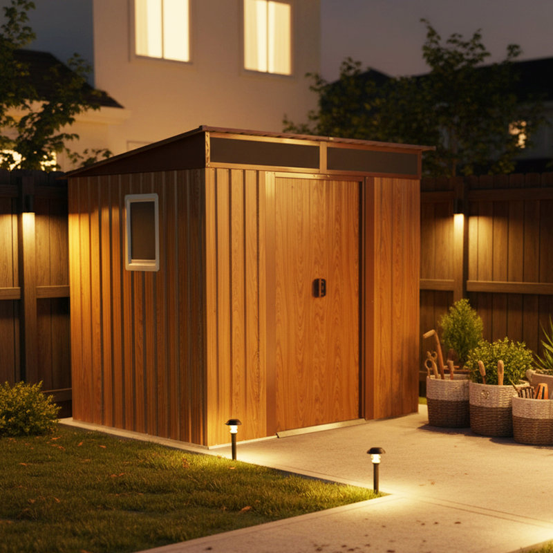6 ft. x 5 ft. Metal Outdoor Storage Shed with Window & Sloped Roof, Brown, 59.5" H x 77" W x 71" D