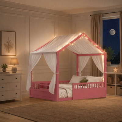 Lit Montessori au sol pour enfant (taille simple), cadre de lit cabane en bois avec barrières de sécurité et porte, guirlande lumineuse intégrée et tablette, lit bas, sans sommier, rose
