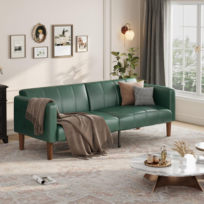 Causeuse convertible de 75 po en similicuir, dossier réglable avec fente de rangement latérale, canapé pliable de style Mid-Century pour les espaces intérieurs compacts, vert
