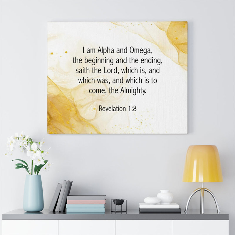«I Am Alpha and Omega Revelation», art textuel sur toile tendue, H 18 po x l 24 po x P 1,25 po