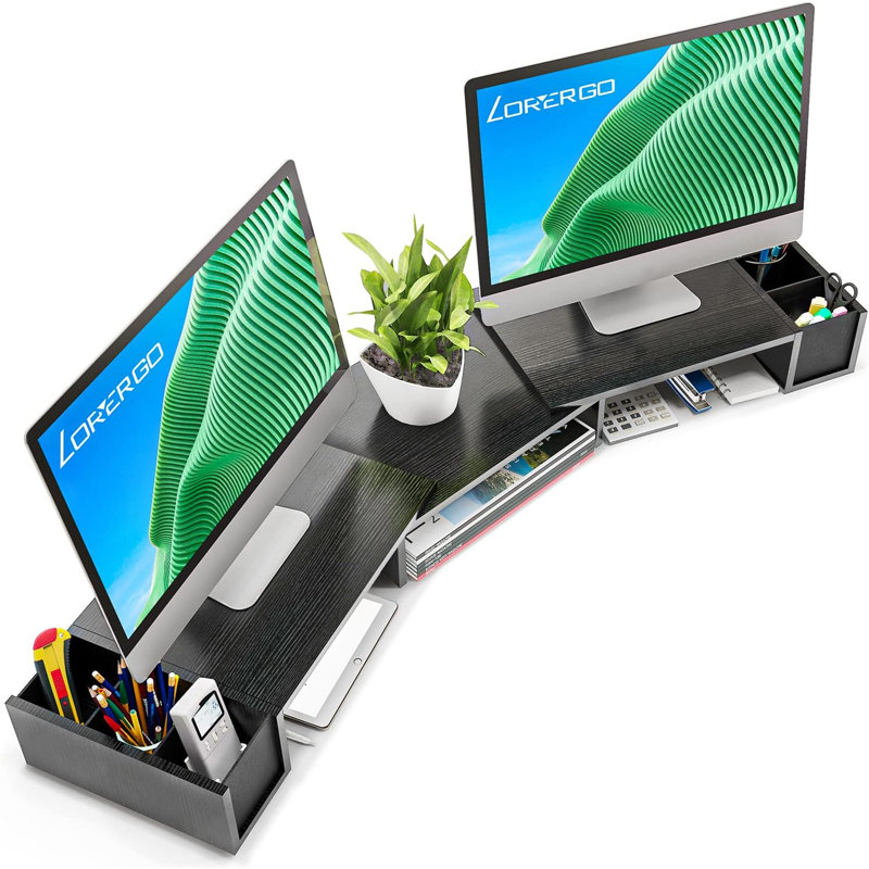 Dual Monitor Stand, Laptop Stand With Storage Accessories Slots, Length And Angle Adjustable, Ergonomic Viewing Height