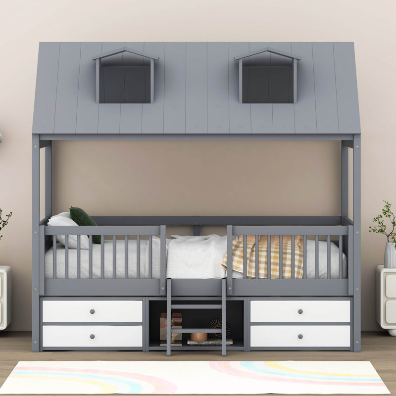 Queshon Solid Wood House Storage Bed, Twin, Gray