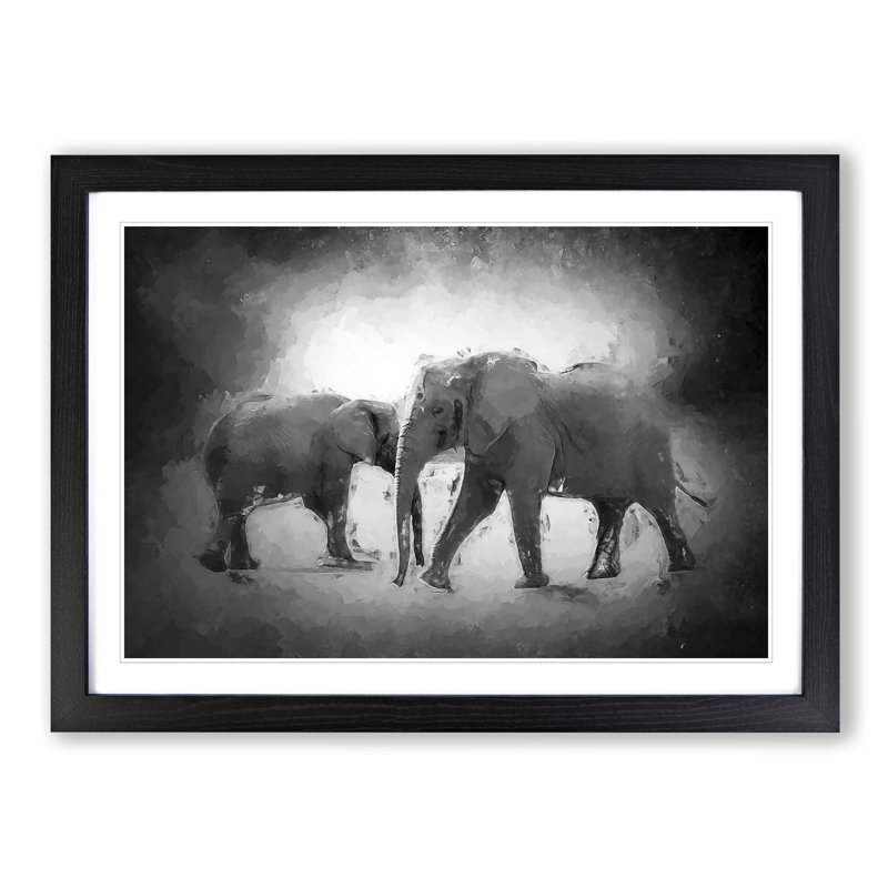 Elephants Crossing Paths in Abstract - Picture Frame Painting Print, Black Framed, 48cm H x 65cm W 