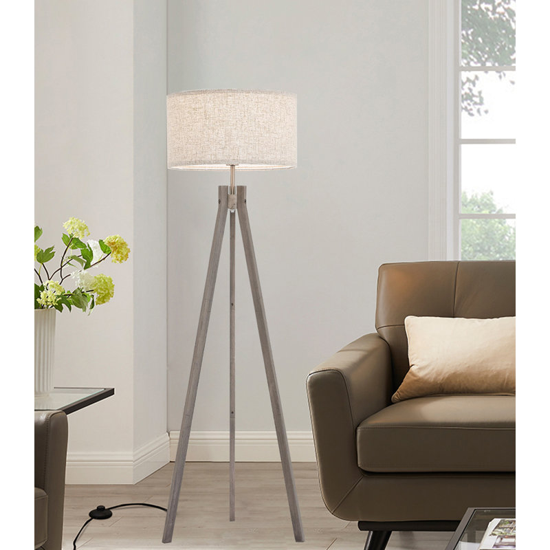 Wooden Tripod Floor Lamp – Mid-Century Reading Light With 3 Color Temperatures & Linen Shade, Gray