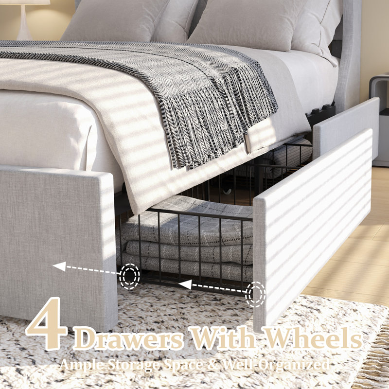 Size Bed Frame With 4 Storage Drawers And Wingback Headboard, Button Tufted Design,, Grey, Full