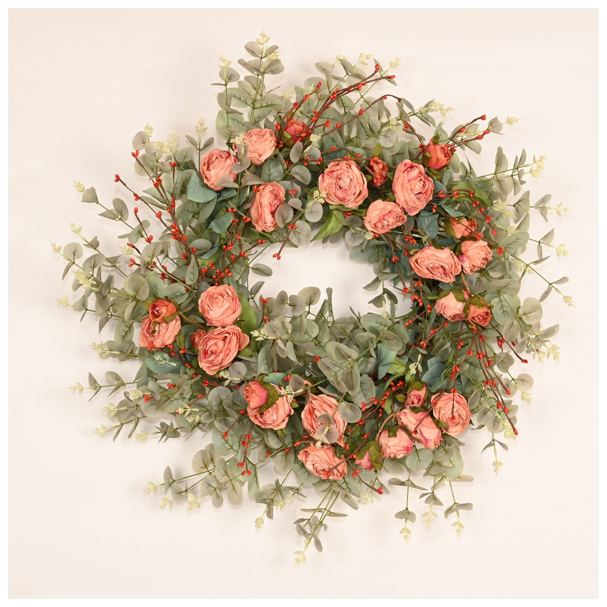 26" Artificial Everyday Eucalyptus Berry Rose Floral Front Door Wreath For Wedding Party Home Decor, Orange