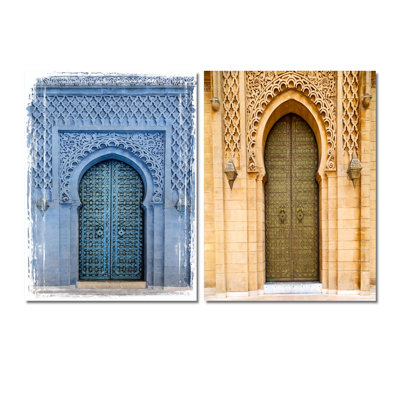 Porte d'entrée traditionnelle marocaine en bois antique - ensemble d'art traditionnel de 2 pièces