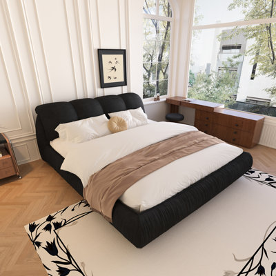 Très grand lit noir avec tête de lit rembourrée en éponge confortable, lit de luxe en bois massif, surdimensionné en bois