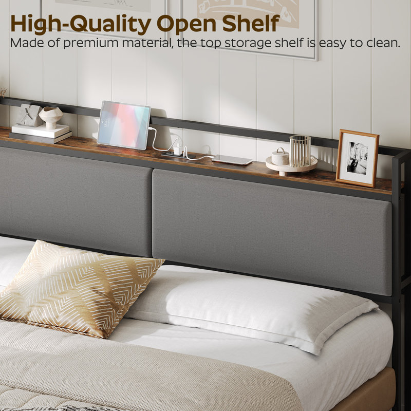 Upholstered Headboard Metal Frame with Charging Station and Storage , King, Gray/Brown