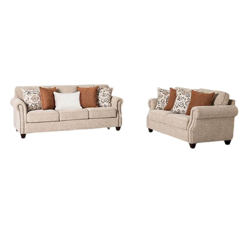 Bonie Sofa And Loveseat Set, Rolled Arms, 9 Pillows, Taupe Polyester