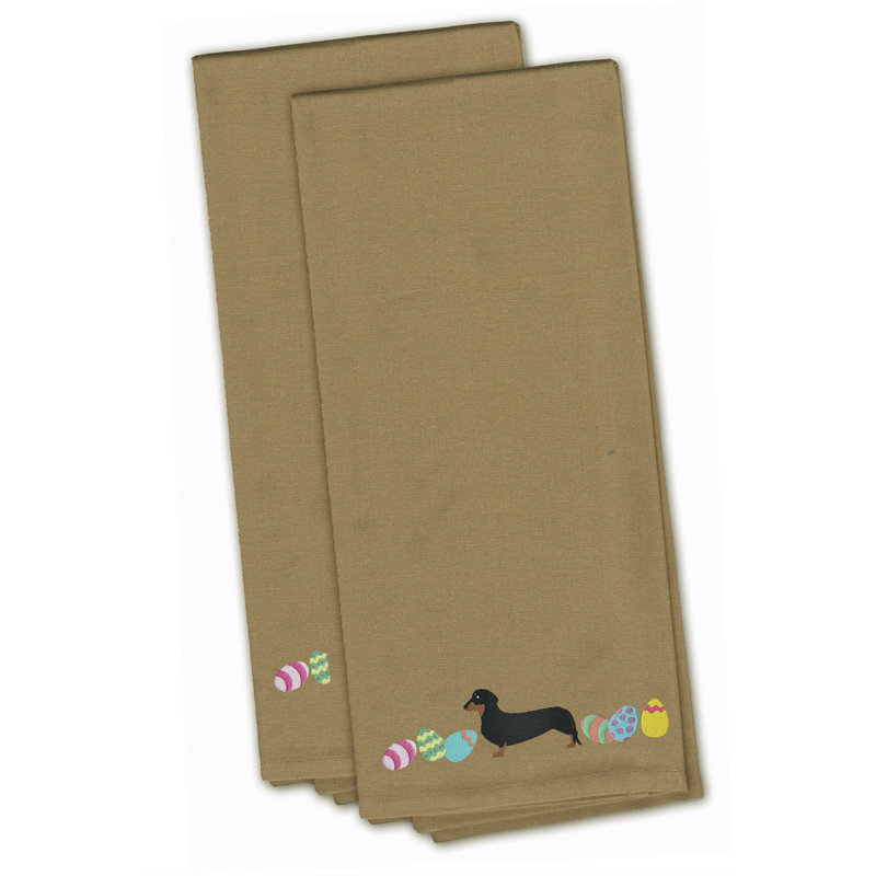 Serviette de cuisine à thé brodé teckel pâques, Brun clair, H 28 po x l 19 po x P 0,1 po