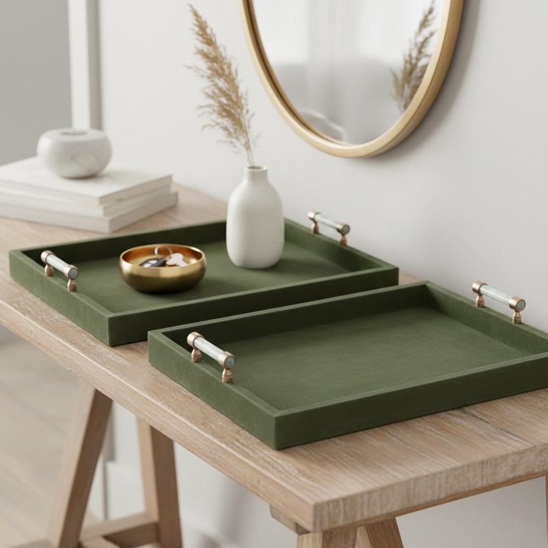 Stylish Accent Tray With Stone And Metal Handles - Decorative Ottoman Tray For Console Tables Or Home Decor - Set Of 2, 20", Green