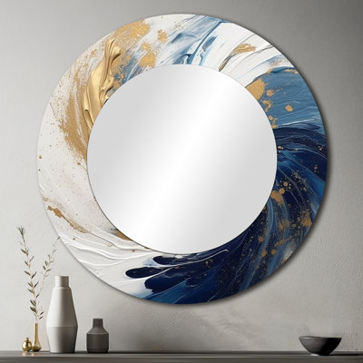 Dark Blue And Gold Spiral IV - Abstract Spirals Round Mirror For Wall Decor