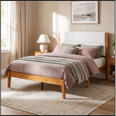 Full Size Mid-Century Modern Platform Bed Frame with Upholstered Headboard, Solid Wood Slat Support, No Box Spring Needed