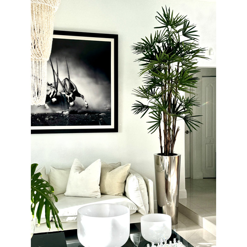 Lady Faux Palm Tree in Metal Planter, Silver, 104" H x 33" W x 33" D