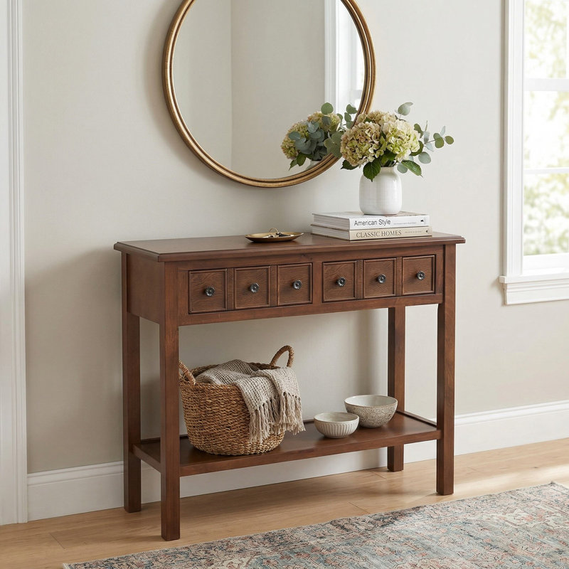 38 Inch Rustic Entryway Console Table With 2 Storage Drawers And Bottom Open Display Shelf, 32" H x 38" W x 13" D, Brown