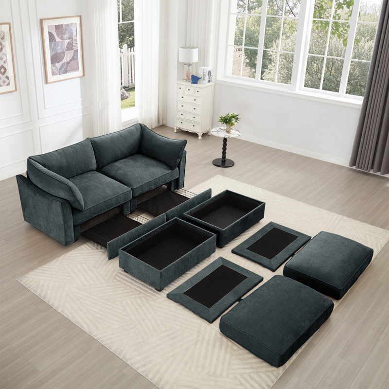 Canapé avec repose-pieds, canapé-lit de cinéma maison à siège large et profond pour le salon, canapé modulaire modulaire avec tiroir coulissant de rangement sous chaque siège, chenille