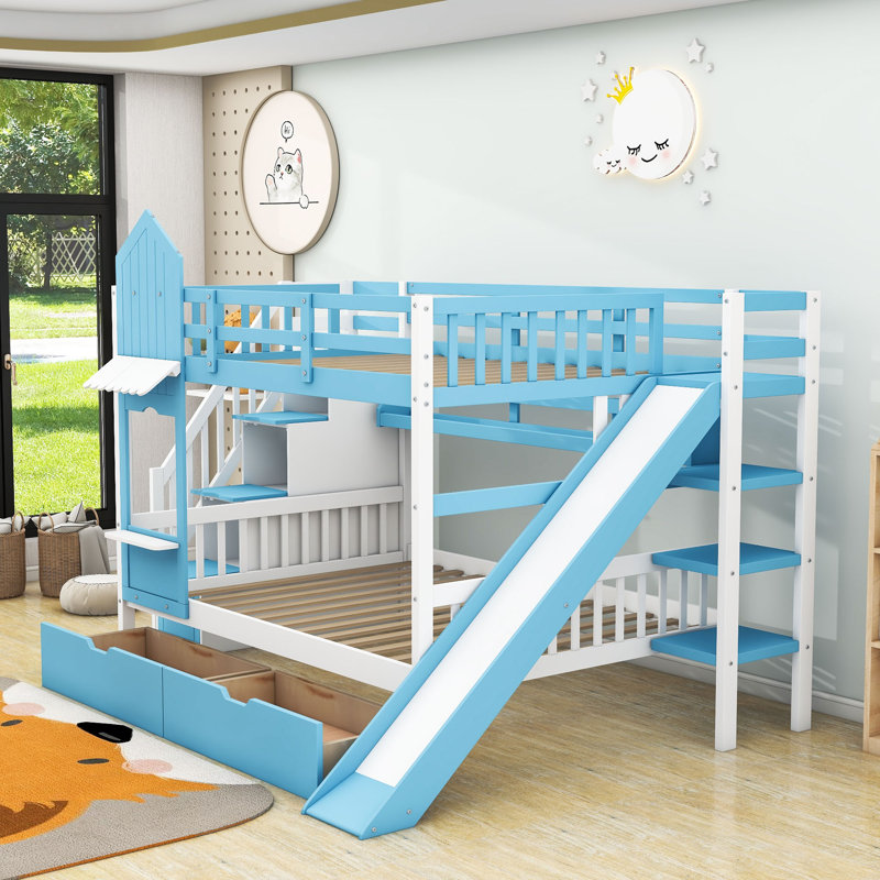 2 Drawers Bunk Bed with Storage Stairs, Slide and Shelves, Full over Full, Blue