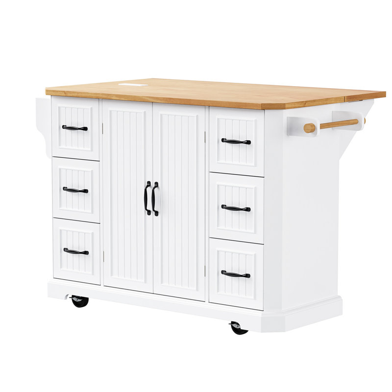 Chariot de cuisine de 56 po avec placage en bois d'hévéa, 4 tablettes de porte, station de charge - roues élégantes et pratiques pour îlot blanc, station, grand rangement pratique