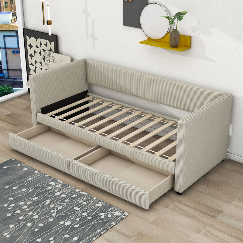 Hudnell Twin Size Corduroy Upholstered Daybed With Two Drawers, Beige