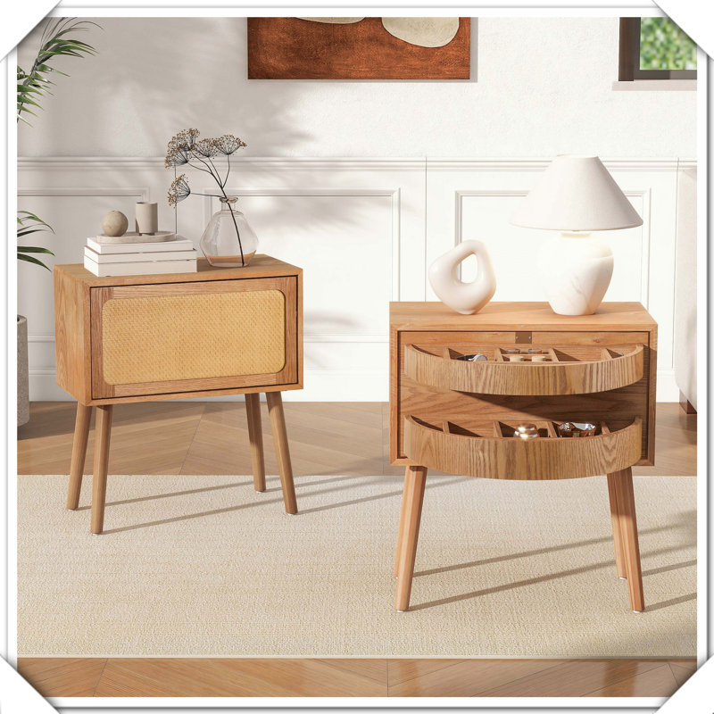 Table de chevet pivotante à compartiments cachés et pieds en rotin de style Mid-Century